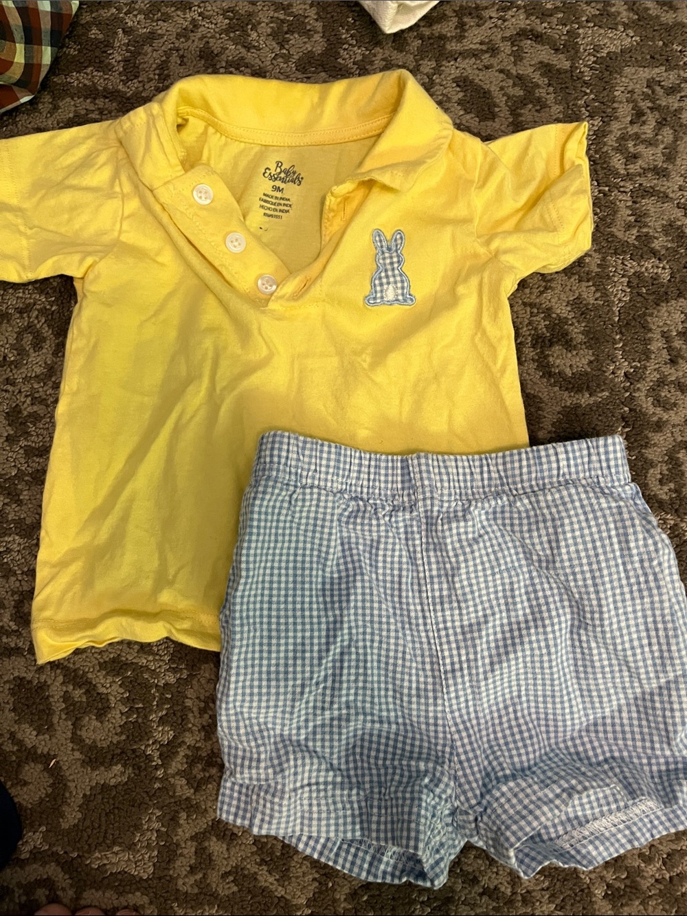 Yellow Polo with Blue Gingham Bunny Applique with matching shorts